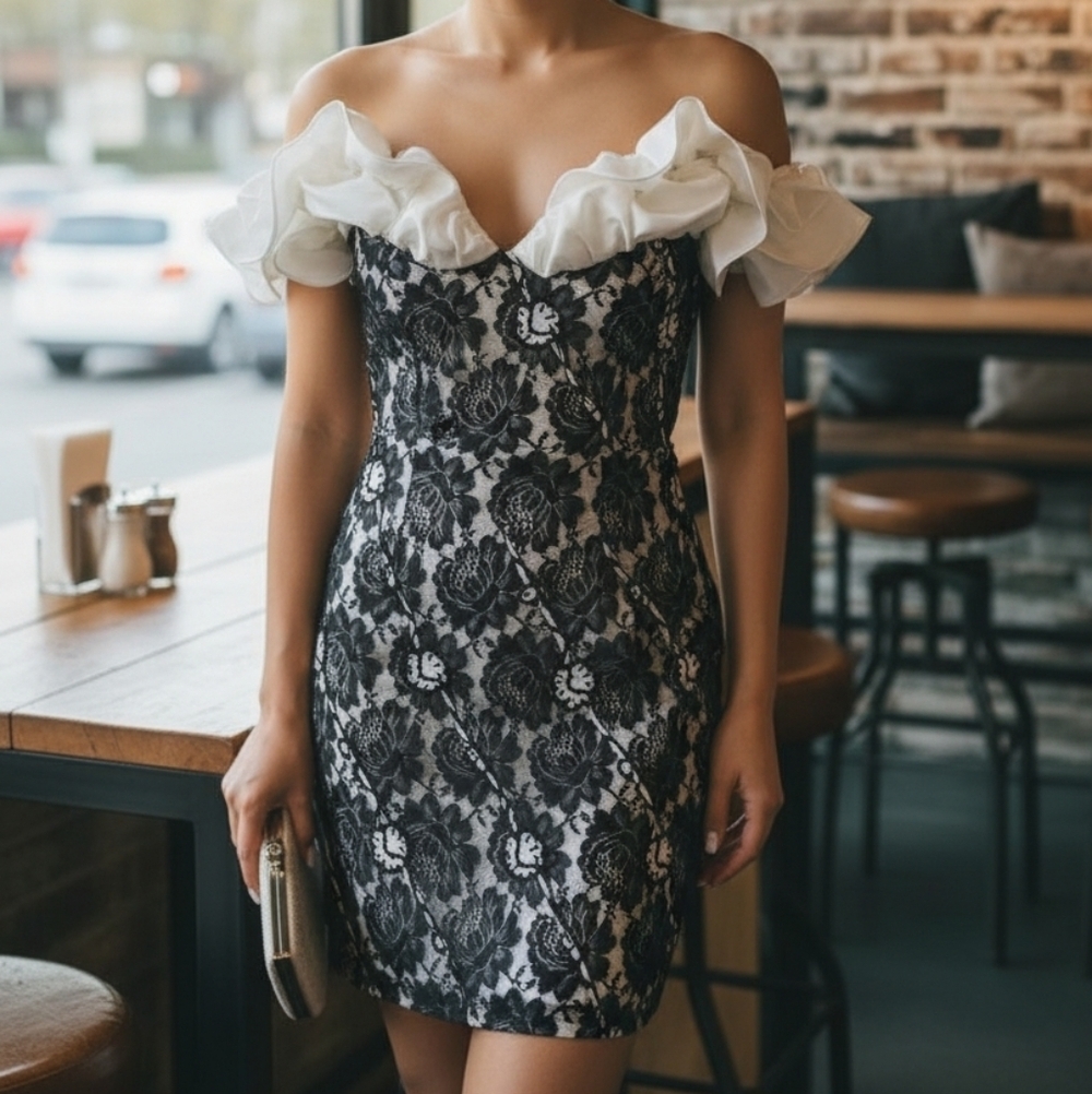 Midnight Glo Black Brown Cream Lace Aline Bodycon Dress W Ruffle Sleeve Sz 6
